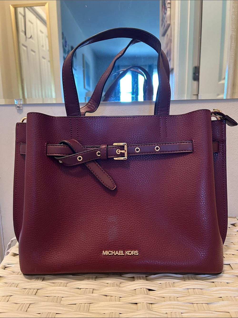 Michael Kors Wine Pebbled Leather Satchel with Belt Detail